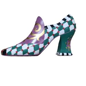 Victorian Green & Purple Checkered Patterned High Heel Pump Fugirine